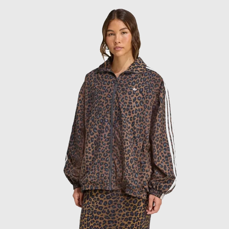 Adidas Leopard Firebird Track Jacket Jacket unisex detail view 2 | Dash Racegear — Oversized Adidas track jacket with bold leopard pattern and brown base color