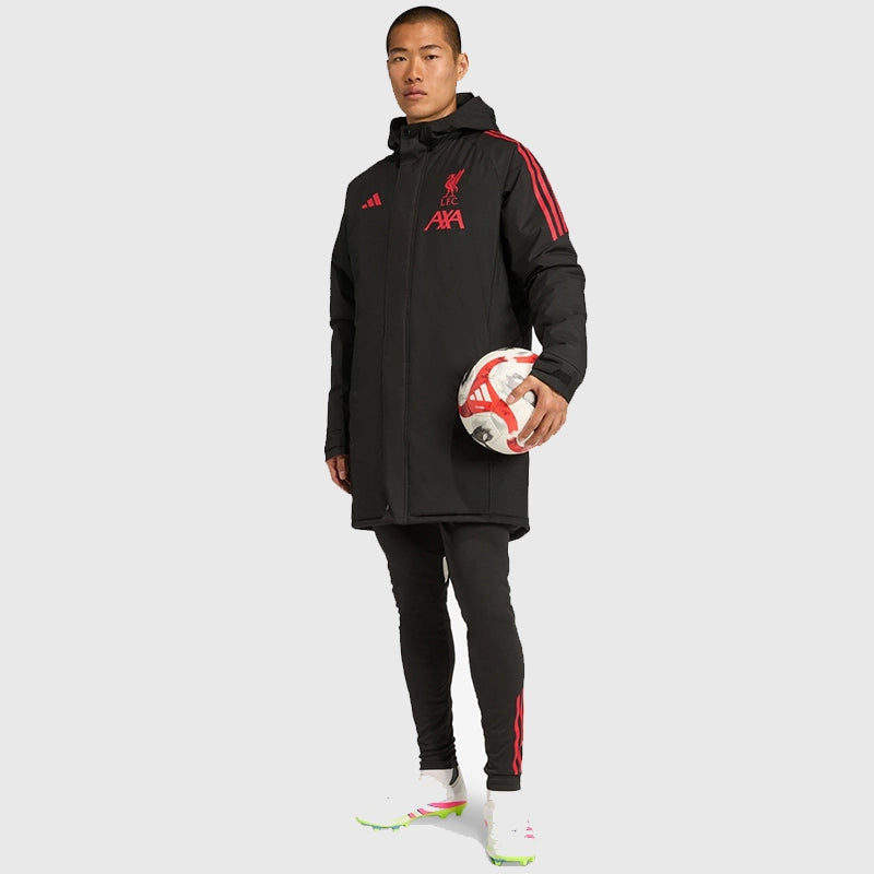 LFC Adidas 25/26 Domestic Long Match Day Jacket Jacket unisex detail view 2 | Dash Racegear — black hooded jacket with full front zip and relaxed silhouette