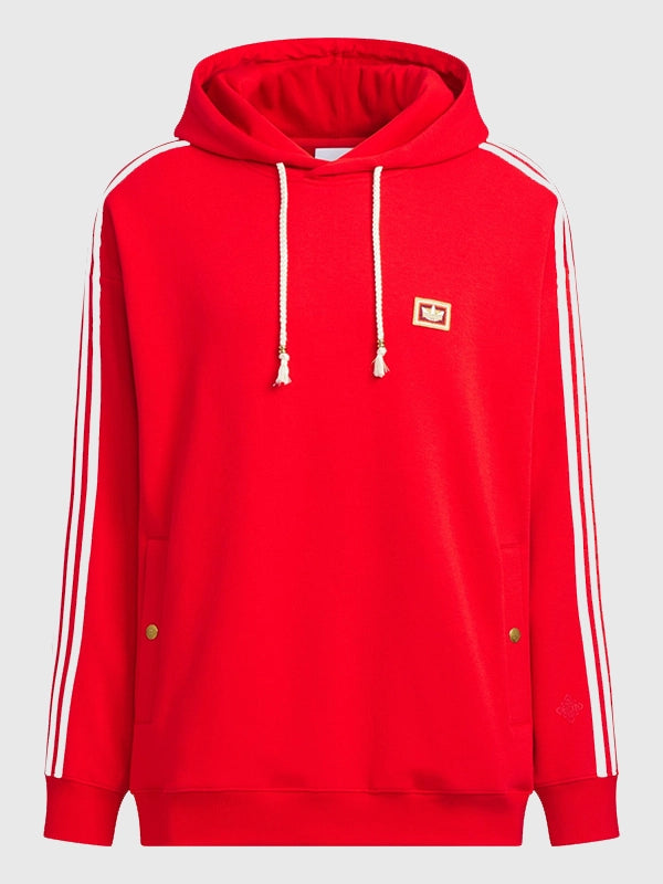 Adidas Chinese New Year SS26 Red Hoodie Hoodie unisex front product view | Dash Racegear — Recreated Adidas LNY SS26 black fleece unisex hoodie in red design featuring a versatile pullover build