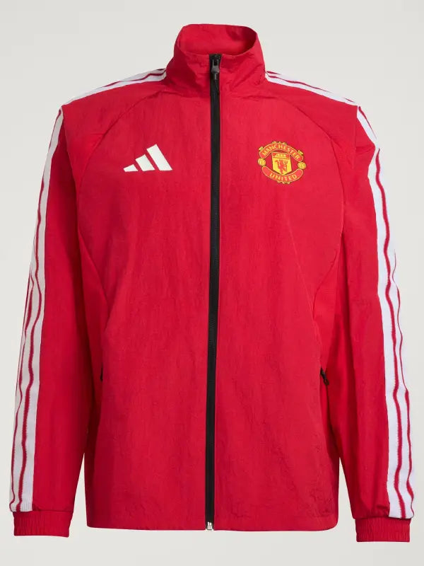 Adidas Manchester United Home Anthem Jacket Jacket unisex front product view | Dash Racegear — Red Adidas Manchester United 26/27 Home Anthem jacket featuring a sleek football-inspired design with a modern athletic streetwear feel.