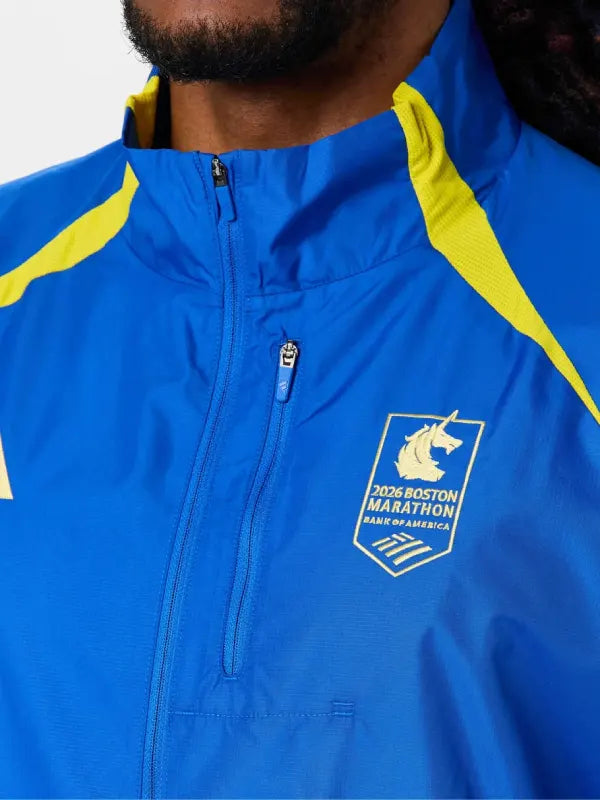 Boston Marathon Jacket 2026 Jacket unisex detail view 7 | Dash Racegear — Blue Adidas Recreation 2026 Boston Marathon Celebration Jacket, lightweight, breathable, marathon graphics, perfect for running events or casual athletic wear.