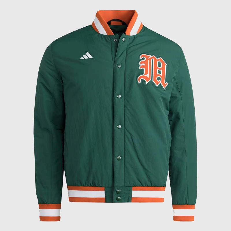 Adidas Miami Hurricanes Coaches Dugout Jacket Jacket unisex front product view | Dash Racegear — Adidas Miami Hurricanes Lightweight Coaches Dugout Jacket