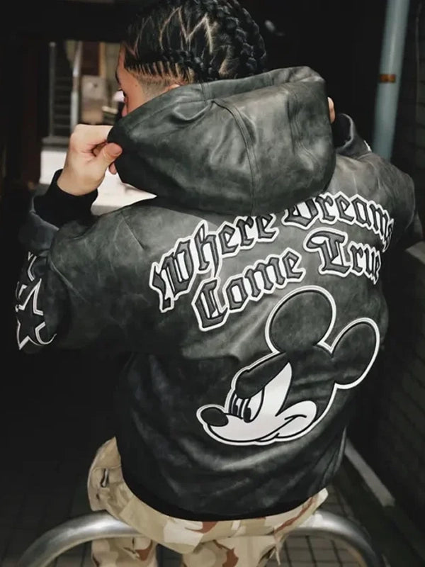 Adidas Disney Mickey Mouse Dreams Jacket Jacket unisex detail view 2 | Dash Racegear — 2026 Adidas Disney Mickey Mouse Where Dreams Come True Black Leather Hooded Jacket with premium streetwear style.