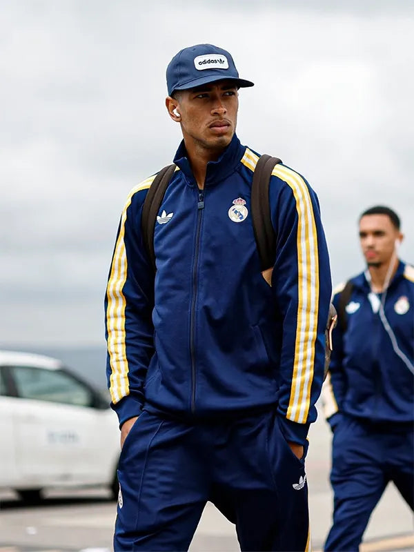 Real Madrid Adidas 2025/26 Track Jacket Jacket unisex front product view | Dash Racegear — Adidas Real Madrid 2025/26 Navy Blue Track Jacket Unisex sleek football-inspired design with zip comfort for daily sporty wear