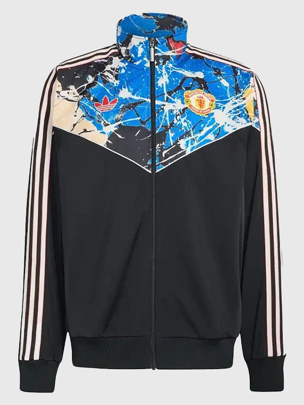 Manchester United x Adidas x The Stone Roses Jacket Jacket unisex front product view | Dash Racegear — The Stone Roses x Manchester United black Adidas track jacket, unisex fit for everyday fan fashion.