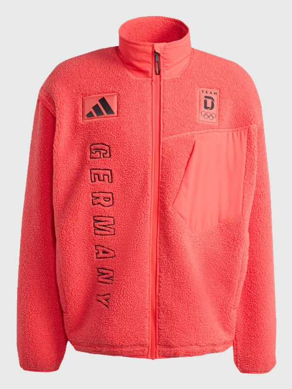 Adidas Winter Olympics 2026 Team Germany Jacket Jacket unisex front product view | Dash Racegear — Red Team D Adidas Team Germany Fleece Jacket from the 2026 Winter Olympics, cozy for cold-weather supporters.