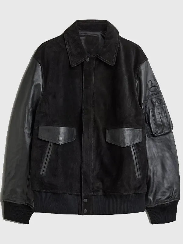 Adidas Y-3 x Mercedes Leather Racing Jacket Jacket unisex front product view | Dash Racegear — Y-3 x Mercedes 2026 Adidas black leather racing jacket, perfect for motorsport fans and style.