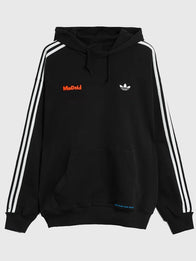 Adidas x Bad Bunny Madrid Hoodie Hoodie unisex front product view | Dash Racegear — DTmF Madrid Tour Merch Adidas x Bad Bunny Black Hoodie with soft fabric feel and bold music-inspired streetwear style.
