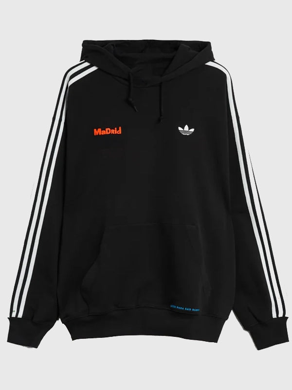 Adidas x Bad Bunny Madrid Hoodie Hoodie unisex front product view | Dash Racegear — DTmF Madrid Tour Merch Adidas x Bad Bunny Black Hoodie with soft fabric feel and bold music-inspired streetwear style.