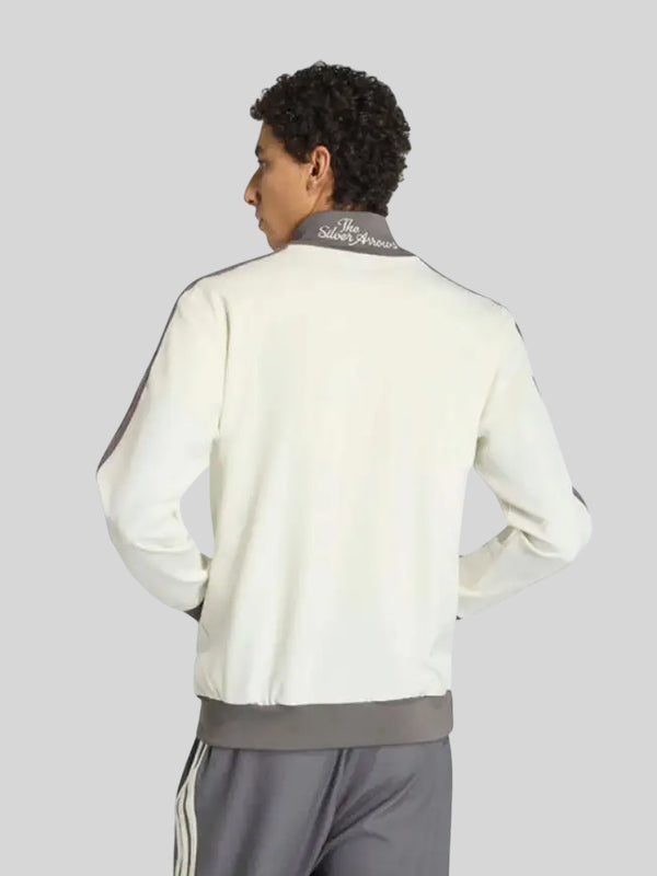 Adidas x Mercedes F1 Team AMG Jacket Jacket unisex detail view 2 | Dash Racegear — Off white Adidas Mercedes F1 AMG Silver Arrows track jacket with zip front and team logos.