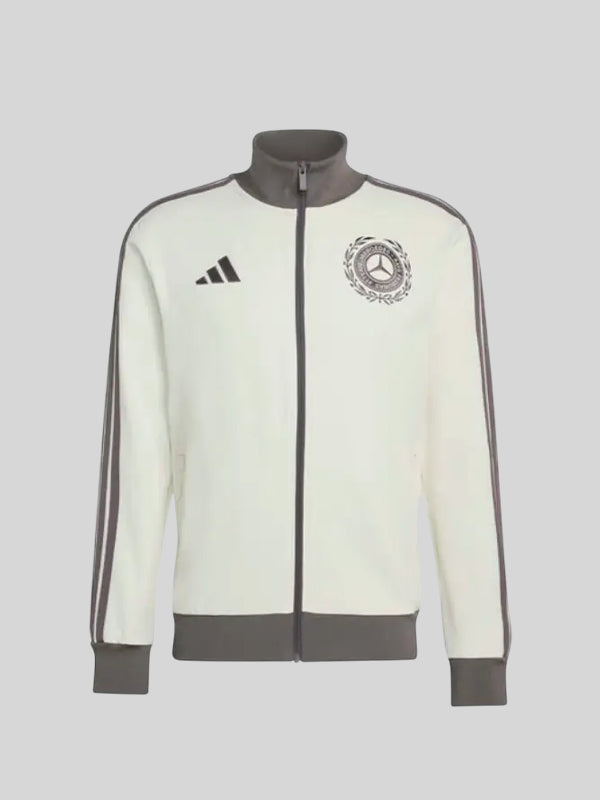 Adidas x Mercedes F1 Team AMG Jacket Jacket unisex front product view | Dash Racegear — Adidas x Mercedes F1 Team AMG Silver Arrows Icon off white track jacket with sleek racing stripes.
