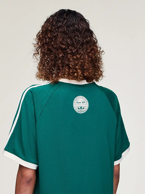 Adidas x Oasis Tour 3-Stripes Green T-Shirt Shirt unisex detail view 4 | Dash Racegear — 2025 Adidas x Oasis Tour Drop 2 Green Tee crafted with soft material, unisex fit, and iconic 3-Stripes for modern street style.