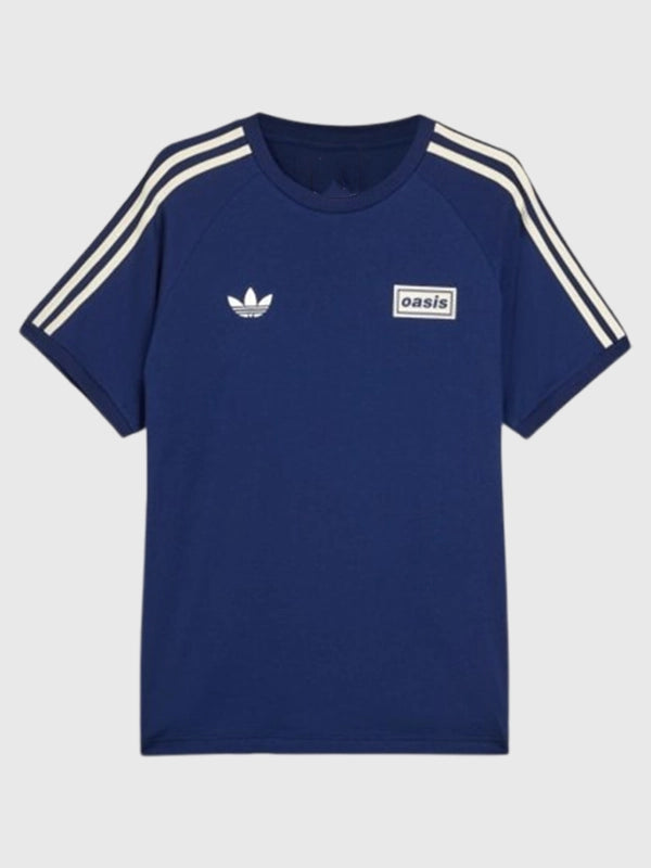 Adidas x Oasis Tour 3-Stripes Navy Blue T-Shirt Shirt unisex front product view | Dash Racegear — 2025 Adidas x Oasis Tour Collection Drop 2 Navy Blue T-Shirt featuring premium build, unisex fit, and signature 3-Stripes for daily use.