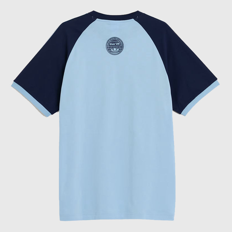 Adidas x Oasis Tour 3-Stripes Blue T-Shirt Shirt unisex detail view 2 | Dash Racegear — Retro Rock Meets Sportswear – Oasis Tour Adidas Tee