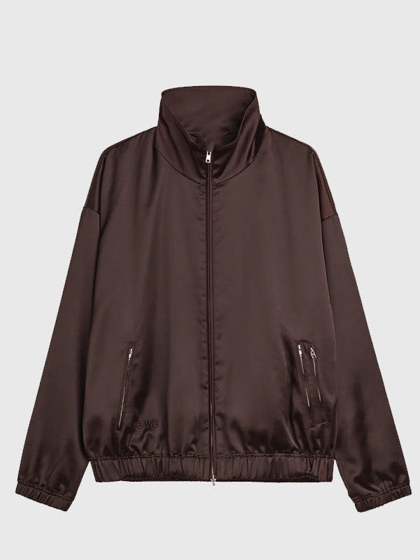 Adidas x Wales Bonner x Y-3 Satin Jacket Jacket unisex front product view | Dash Racegear — Dark brown satin jacket from Adidas x Wales Bonner x Y-3 2026 collection featuring a refined unisex streetwear design with a smooth luxe finish.
