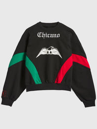Adidas x Willy Chavarria Chicano Black Sweatshirt Sweatshirt unisex front product view | Dash Racegear — 2025 Adidas × Willy Chavarria Chicano black sweatshirt featuring a relaxed crew-neck fit for fashion-forward everyday styling.