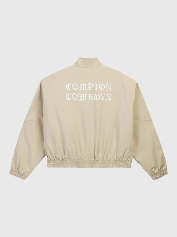 Adidas x Willy Chavarria Compton Cowboys Chino Track Jacket Jacket unisex detail view 2 | Dash Racegear — Beige Adidas and Willy Chavarria track jacket with three‑stripe sleeves and loose silhouette, crafted for both men and women.