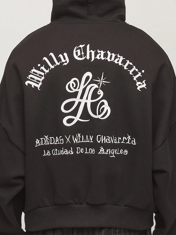 Adidas x Willy Chavarria LA Full Zip Hoodie Hoodie unisex detail view 4 | Dash Racegear — Black LA hoodie from Adidas x Willy Chavarria with ribbed cuffs, zip closure, and relaxed unisex fit for layering.