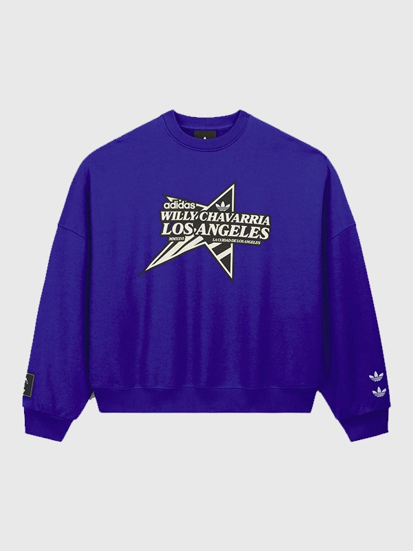 Adidas x Willy Chavarria Star Logo Crewneck Sweatshirt Sweatshirt unisex front product view | Dash Racegear — Unisex Adidas x Willy Chavarria blue crewneck sweatshirt with bold logo front and relaxed fit for everyday streetwear.