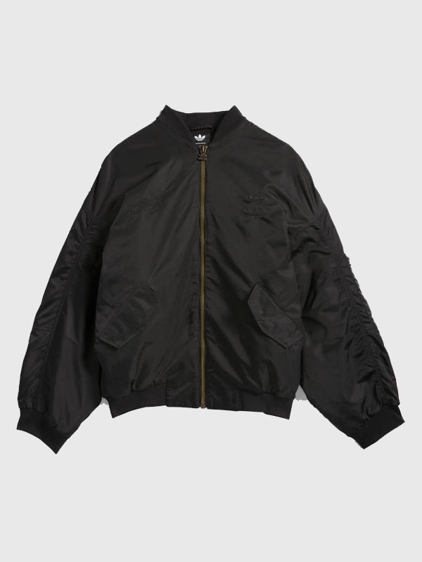 Adidas x Willy Chavarria Satin Bomber Jacket Bomber Jacket unisex front product view | Dash Racegear — Adidas x Willy Chavarria 2025 Unisex Black Satin Bomber Jacket with glossy finish, perfect for casual streetwear.