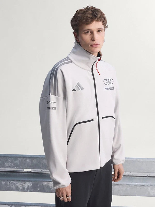 Adidas x Audi Revolut F1 Engineers &amp; Marketing Track Jacket Jacket unisex detail view 2 | Dash Racegear — Audi Revolut F1 white fleece track jacket from Adidas with team logos, perfect for engineers and staff alike.