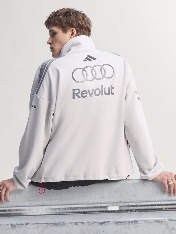 Adidas x Audi Revolut F1 Engineers &amp; Marketing Track Jacket Jacket unisex detail view 4 | Dash Racegear — Adidas x Audi Revolut F1 white fleece track jacket for engineers and marketing teams with zip front and cozy warmth.