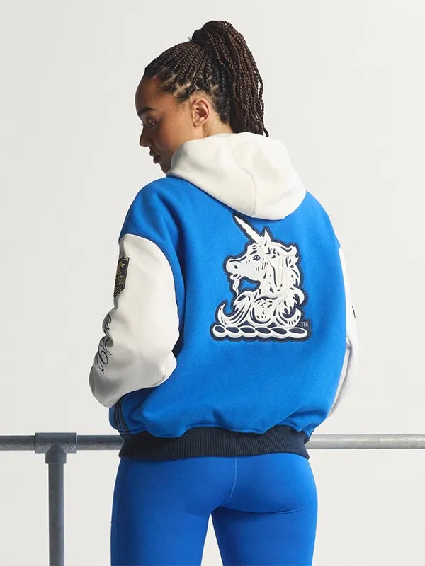 Adidas Boston Marathon 26 Varsity Jacket Varsity Jacket unisex detail view 4 | Dash Racegear — Unisex Adidas Boston Marathon 26 wool varsity jacket with iconic blue and white design, great for everyday wear.
