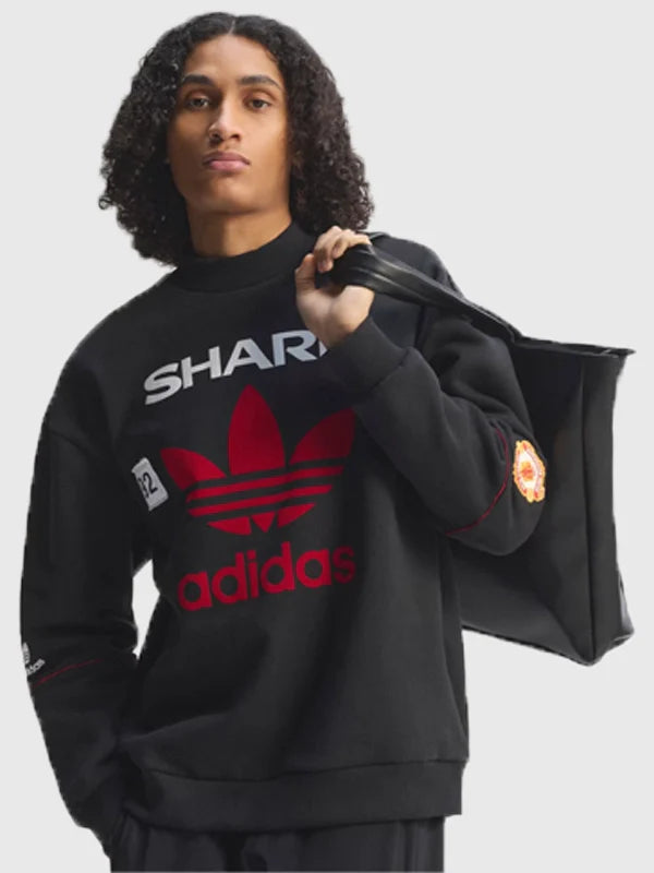 Adidas Manchester United 90 Sweatshirt Sweatshirt unisex front product view | Dash Racegear — Adidas Manchester United 90s Legendary 91/92 black crewneck fleece sweatshirt, retro football streetwear style.