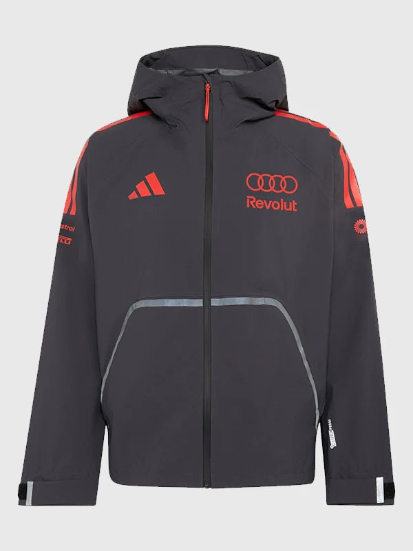 Adidas x Audi Revolut F1 Mechanics Rain Jacket Jacket unisex front product view | Dash Racegear — Audi Revolut F1 black hooded rain jacket from Adidas, full zip and weather protection made for motorsport team wear.