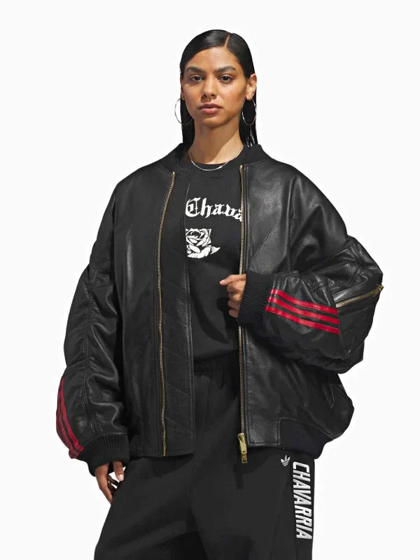 Adidas x Willy Chavarria Bomber Leather Jacket Leather Jacket unisex detail view 4 | Dash Racegear — Adidas x Willy Chavarria black bomber jacket, premium leather, perfect for edgy, fashion-forward outfits.