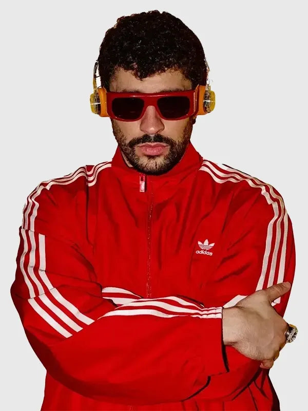 Adidas Para Bad Bunny Jacket Jacket unisex detail view 2 | Dash Racegear — Red Adidas Para Bad Bunny track jacket designed with a smooth athletic look and modern urban fashion appeal.