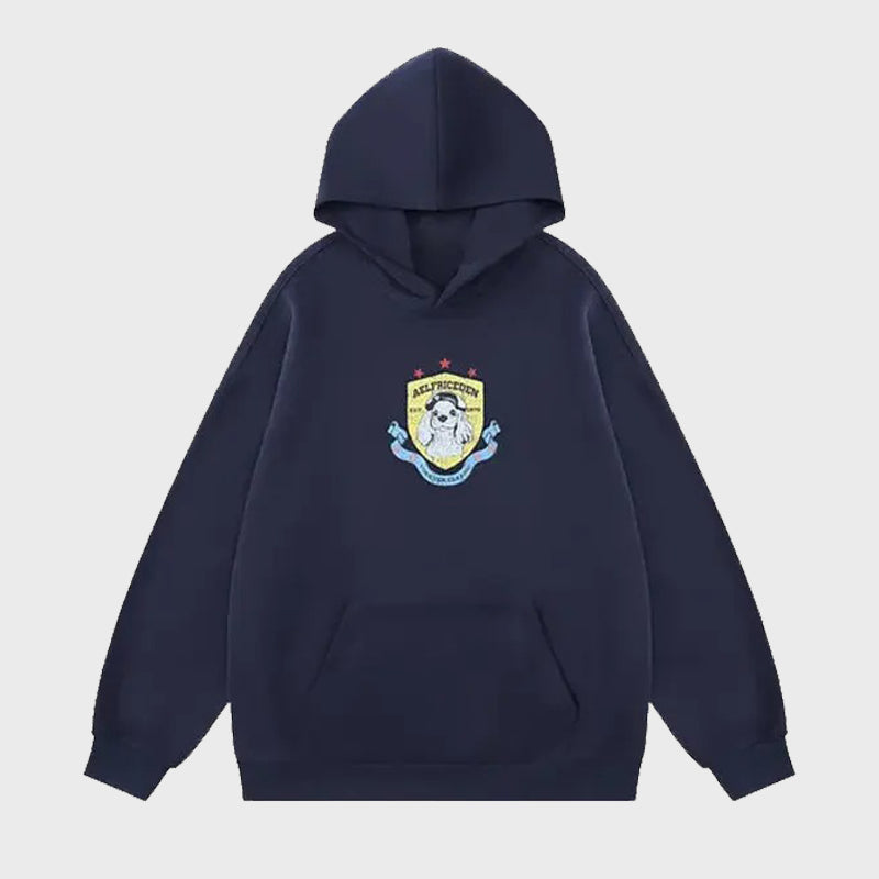 Aelfric Eden Puppy Badge Print Hoodie Hoodie unisex front product view | Dash Racegear — Puppy Badge Hoodie – Aelfric Eden’s Must-Have Piece