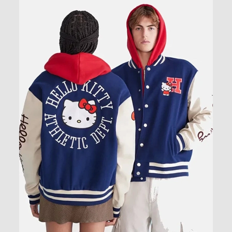 Aeropostale Hello Kitty Varsity Jacket Varsity Jacket unisex front product view | Dash Racegear — Youthful Aeropostale Hello Kitty varsity jacket for casual wear