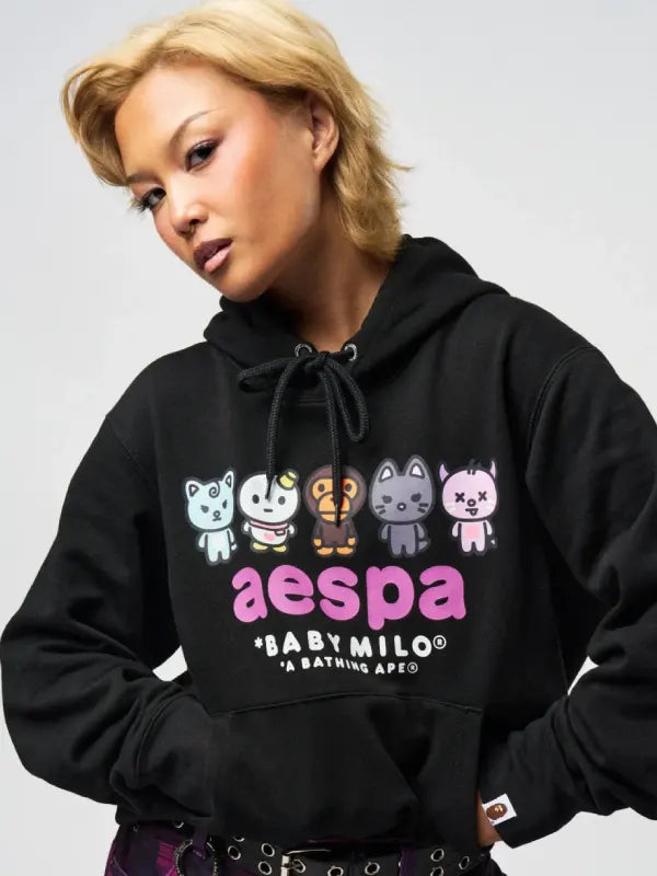 Bape x Aespa Hoodie Hoodie unisex detail view 5 | Dash Racegear — Aespa x A Bathing Ape hoodie showcasing a sleek black finish with premium craftsmanship and iconic streetwear styling.