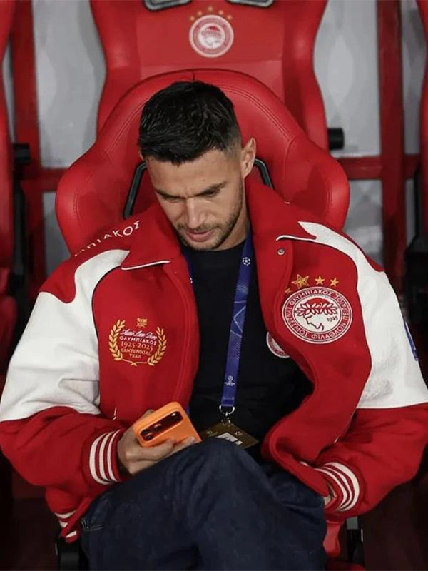 Olympiacos F.C. UEFA Champions League 2025 Jacket Jacket unisex front product view | Dash Racegear — Premium red Aimé Leon Dore UEFA Champions League varsity jacket