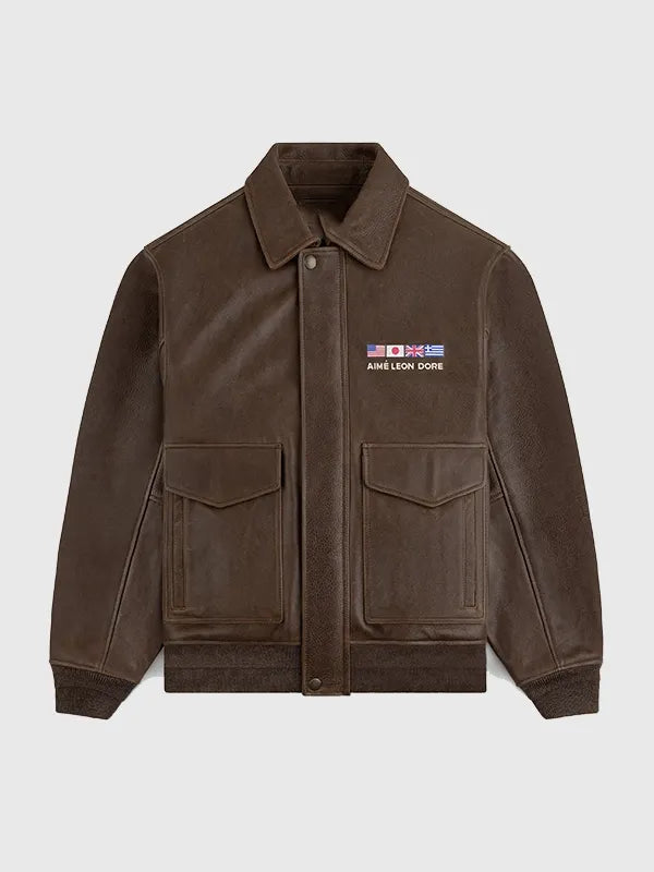 Aime Leon Dore World’s Borough Leather Flight Jacket Jacket unisex front product view | Dash Racegear — ALD World’s Borough 2026 brown leather jacket with sturdy stitching and sleek silhouette for everyday wear.