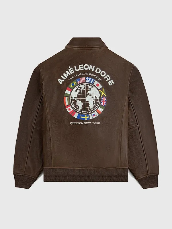 Aime Leon Dore World’s Borough Leather Flight Jacket Jacket unisex detail view 2 | Dash Racegear — Brown World’s Borough 2026 ALD leather jacket with classic zip front and rich textured finish for street style.