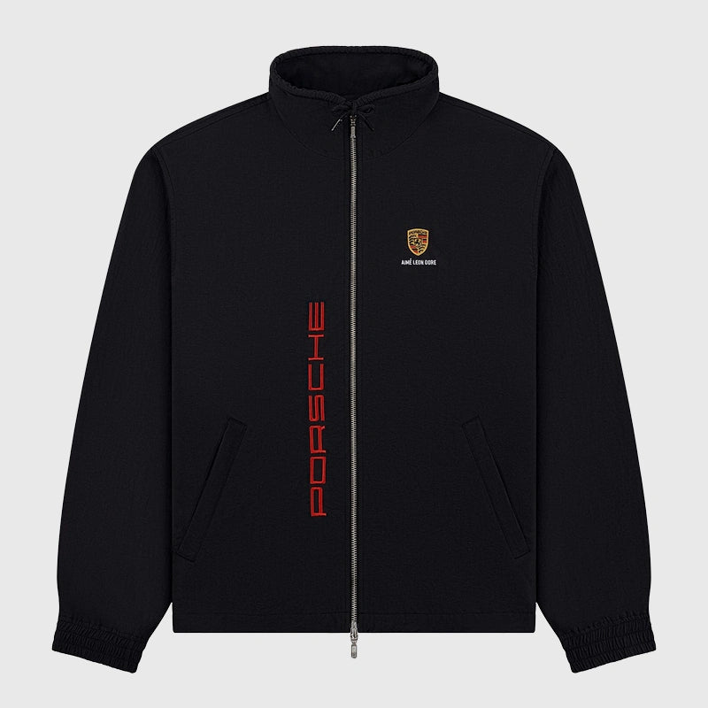 Aimé Leon Dore x Porsche Black Track Jacket Jacket unisex front product view | Dash Racegear — Limited edition Aimé Leon Dore Porsche Black Track Jacket design