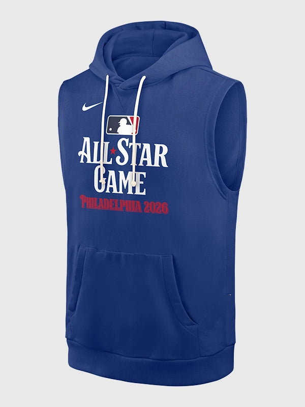 Nike MLB 2026 All-Star Game Sleeveless Hoodie Hoodie unisex front product view | Dash Racegear — MLB 2026 Nike All Star Standard Game Issue Pullover Sleeveless Royal Blue Fleece Hoodie for unisex everyday comfort