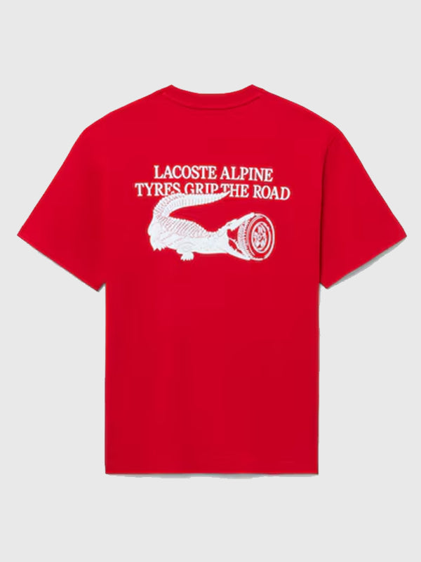 Lacoste x Alpine T-Shirt Shirt unisex detail view 5 | Dash Racegear — Lacoste x Alpine Red Graphic T-Shirt featuring a stylish women’s fit, smooth texture, and contemporary athletic appeal.