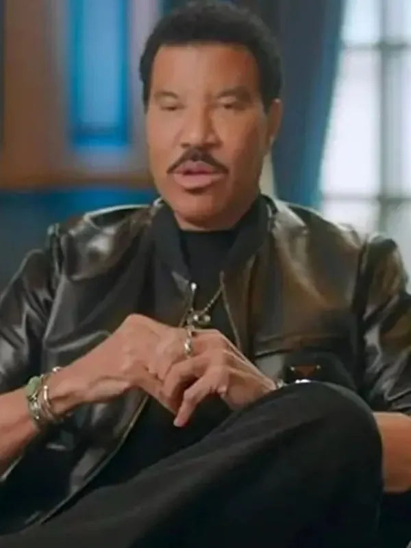 American Idol 2026 Lionel Richie Leather Bomber Jacket Bomber Jacket unisex front product view | Dash Racegear — Black leather bomber jacket worn by Lionel Richie on American Idol 2026, classic fit with sleek stage-ready style.