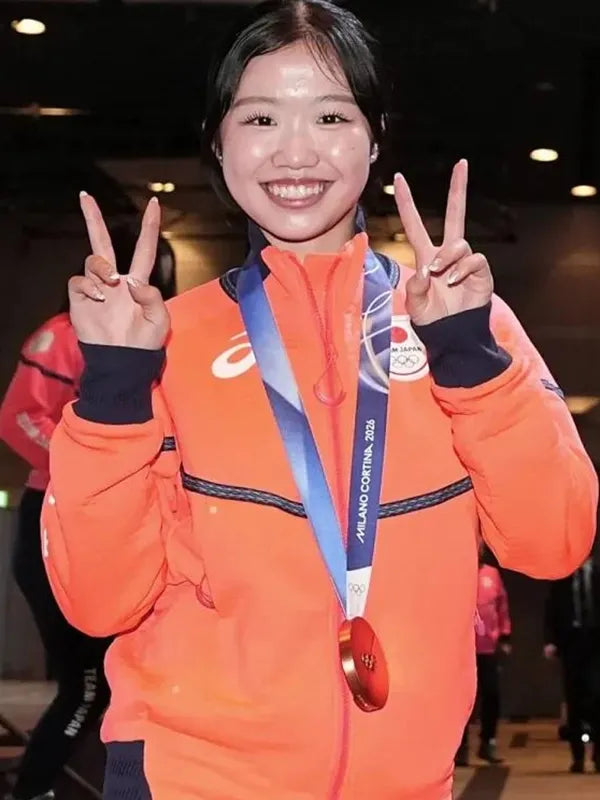 Ami Nakai Winter Olympics 2026 Team Japan Jacket Jacket unisex front product view | Dash Racegear — Milano Cortina 2026 Team Japan orange jacket with bold design, perfect for fans cheering on Ami Nakai at Winter Olympics.