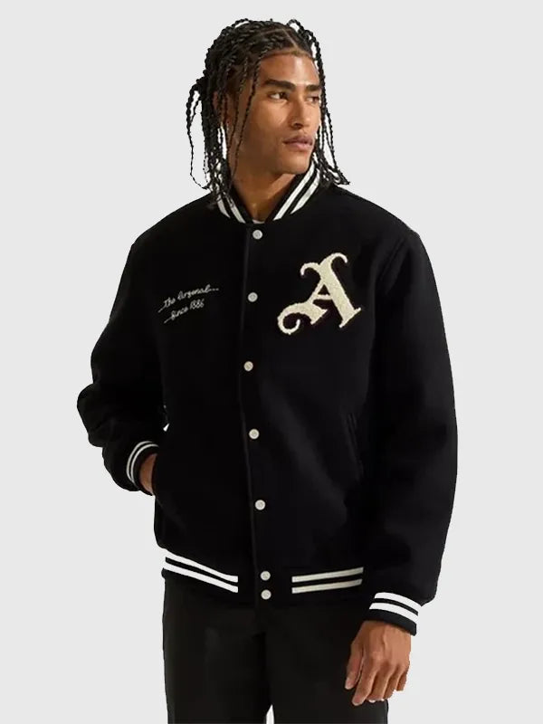 Anne Hathaway Arsenal Gunners Jacket Jacket unisex detail view 4 | Dash Racegear — Anne Hathaway 2026 Arsenal Gunners Wool Varsity Jacket – Black warm wool comfort, vintage varsity silhouette for fans