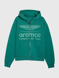 PUMA x Aston Martin Aramco F1 Hoodie Hoodie unisex detail view 3 | Dash Racegear — Unisex PUMA x Aston Martin Aramco F1 Team Green Zip-Up Hoodie with soft texture and racing-inspired graphics, ideal for fans.