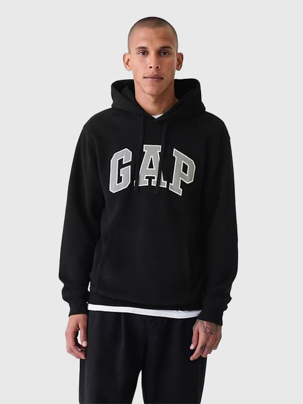 Black Gap Hoodie Hoodie unisex detail view 2 | Dash Racegear — Arch Logo Unisex GAP Black Hoodie, cozy fleece with classic logo for casual everyday wear.