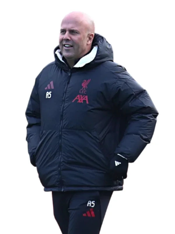 Arne Slot Team Training Session 2025 LFC Puffer Jacket Puffer Jacket unisex detail view 6 | Dash Racegear — Liverpool’s Dutch Manager Arne Slot UEFA Champions League 2025 Black Puffer Hooded Jacket with lightweight warmth, great for winter outings.