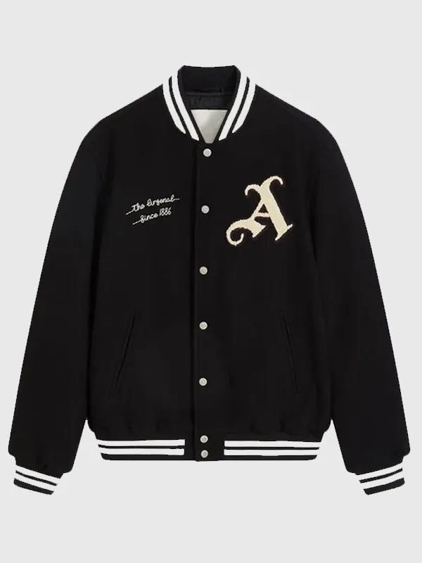 Anne Hathaway Arsenal Gunners Jacket Jacket unisex detail view 5 | Dash Racegear — Anne Hathaway 2026 Arsenal Gunners Wool Varsity Jacket – Black sporty black varsity jacket with Arsenal Gunners identity