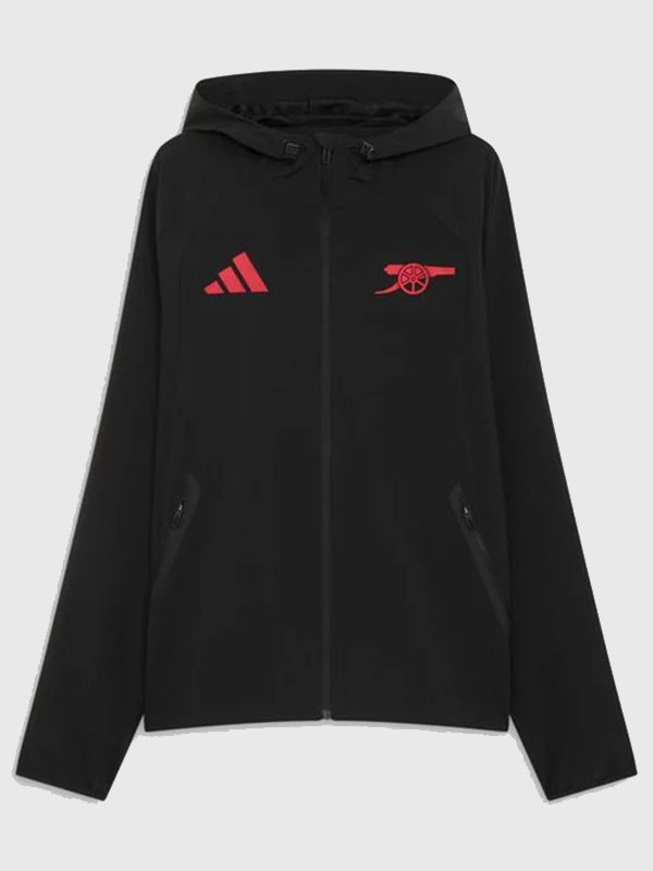 Arsenal Adidas 26/27 Tiro Travel Windbreaker Jacket Jacket unisex front product view | Dash Racegear — Arsenal Tiro Travel 26/27 windbreaker jacket in black with a streamlined silhouette and sporty appeal.