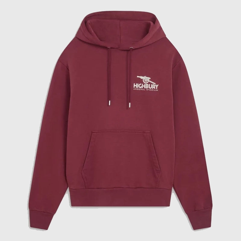 Arsenal Classics Burgundy East Stand Hoodie Hoodie unisex front product view | Dash Racegear — Arsenal Classics East Stand retro burgundy hoodie