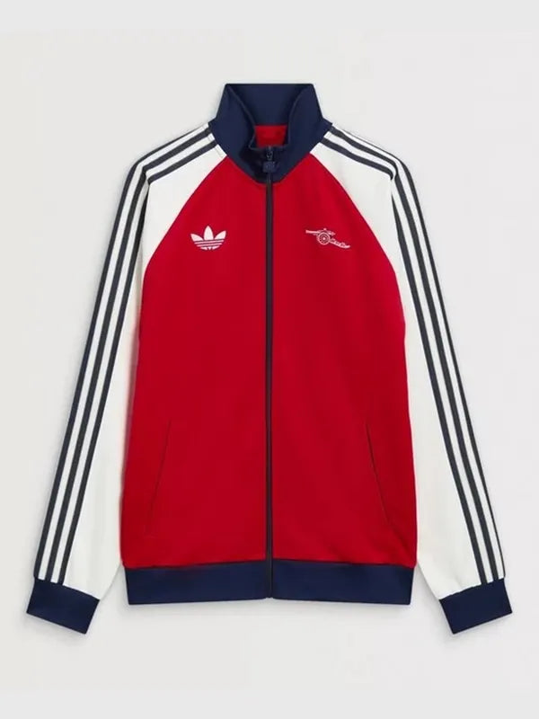 Arsenal adidas 25/26 Track Jacket Jacket unisex front product view | Dash Racegear — Unisex Arsenal adidas 25/26 red and white track jacket with zip front and bold club crest for fan style.